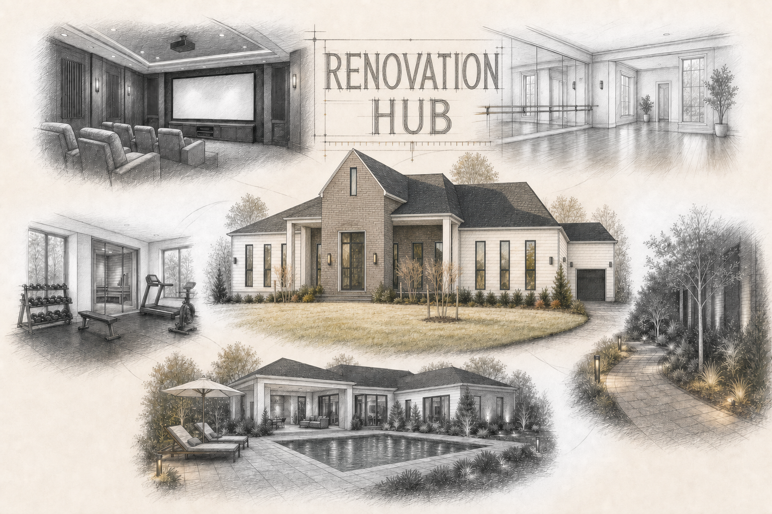 Generated architectural sketch map titled Renovation Hub in blueprint-style lettering, with the colored house as the central hub and surrounding renovation vignettes for home theater, dance room, exercise room, outdoor lighting, and backyard pool.