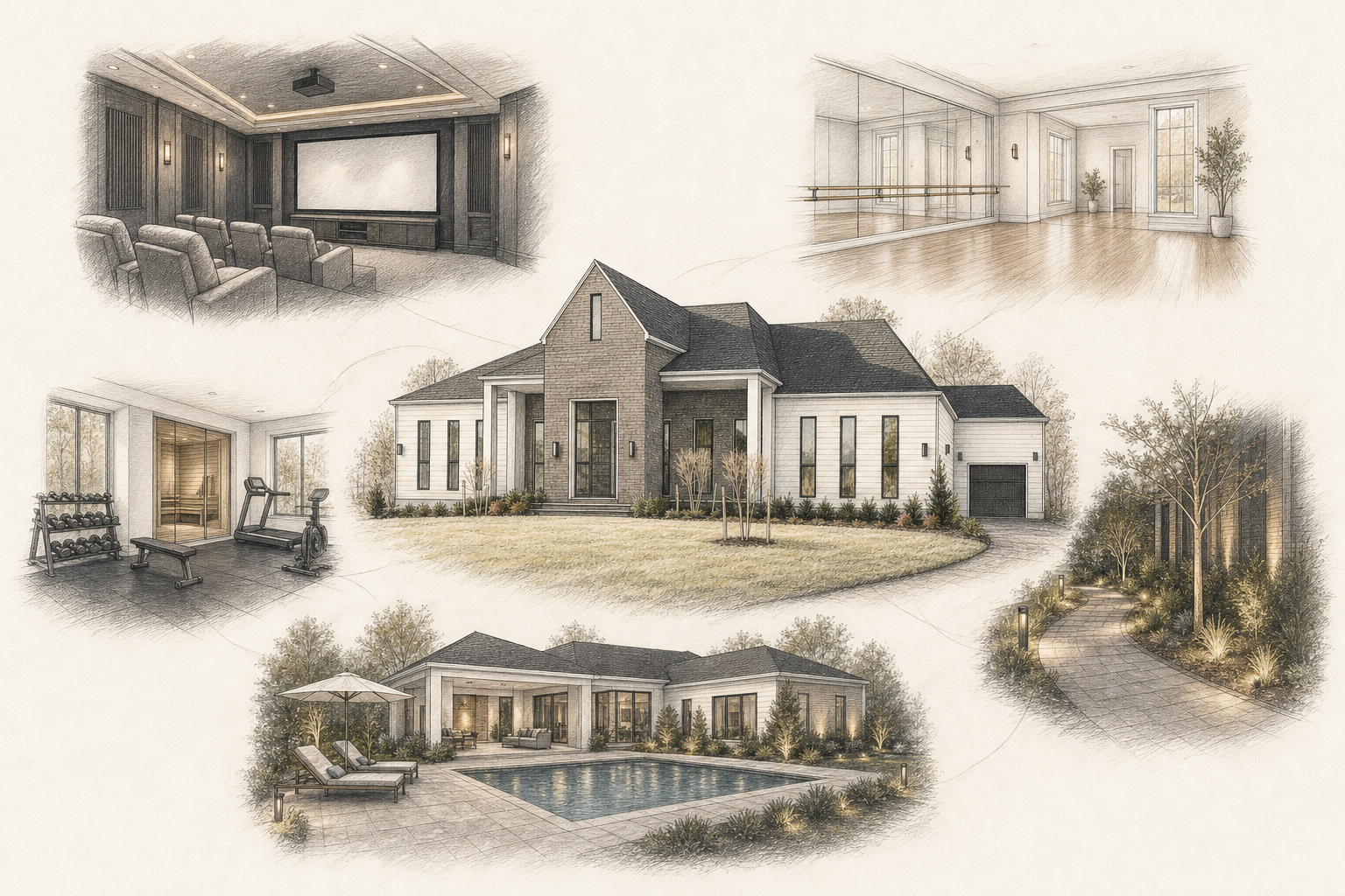 Generated architectural sketch map of the house with surrounding renovation vignettes for home theater, dance room, exercise room, outdoor lighting, and backyard pool.