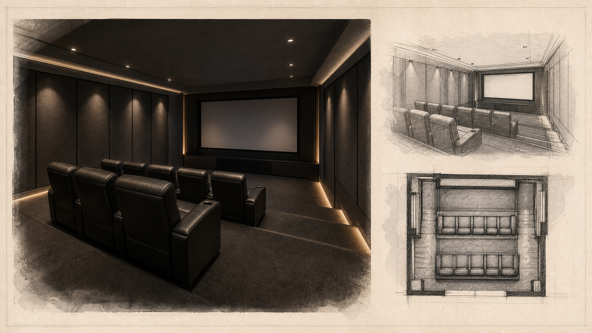 Home theater visual board with a dark projector-room rendering and architectural sketch studies