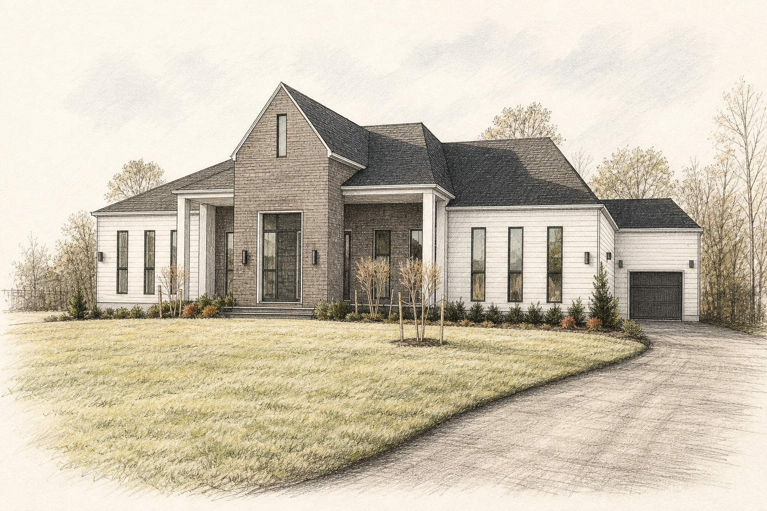 Architectural sketch of the house exterior with the driveway cars removed