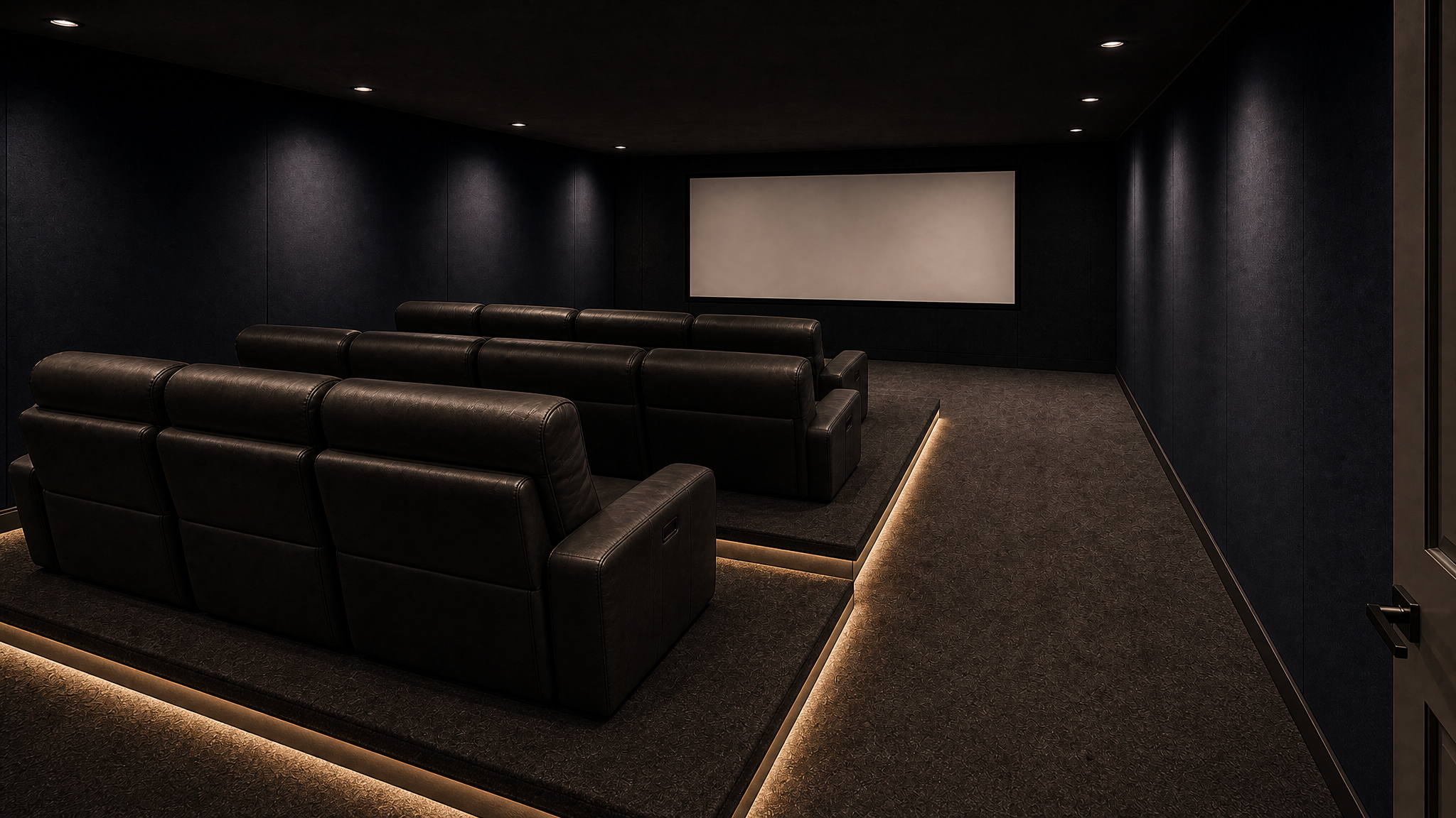 Home theater render for the 27 by 20 basement room